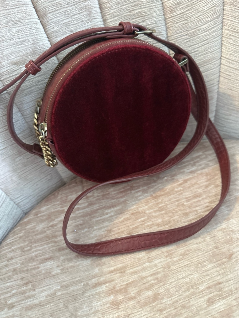 Free People Burgundy Velvet Round Classic Crossbody Purse